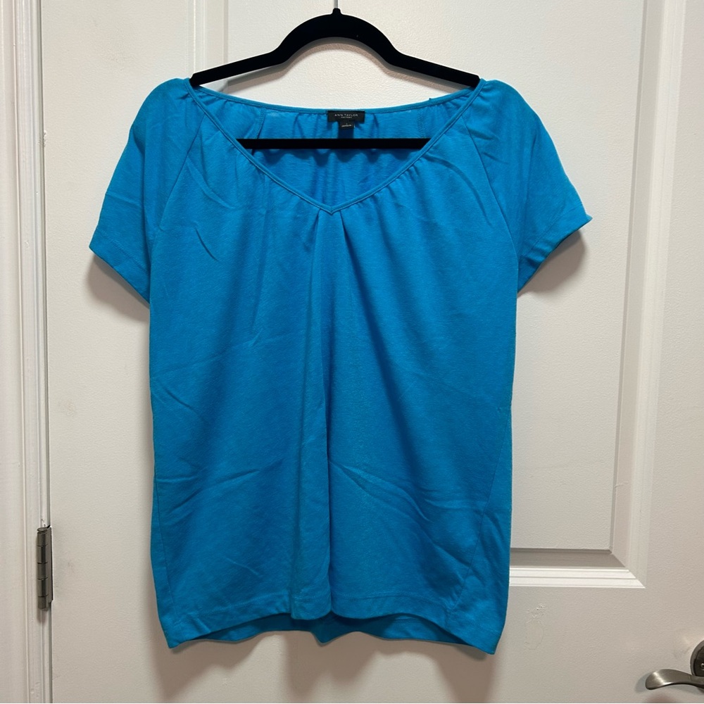 Linen Blend V-Neck Short Sleeve Top - Bright Turquoise